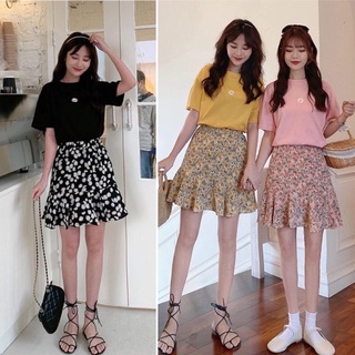 Set váy đầm nữ áo thun cộc tay thêu hoa mix chân váy đuôi cá ngắn hoa nhí freesize tôn dáng xòe hàn quốc