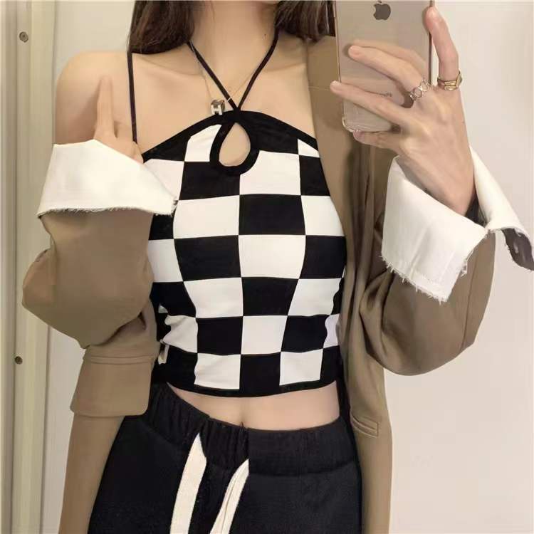 Áo hai dây hở lưng họa tiết kẻ ô 0613691