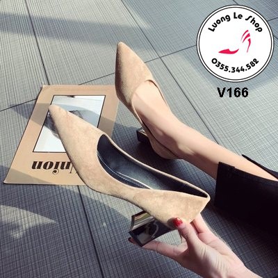 Giày đế vuông 8cm da lộn đế kim loại mũi nhọn 3 màu đen kem đỏ ms V166