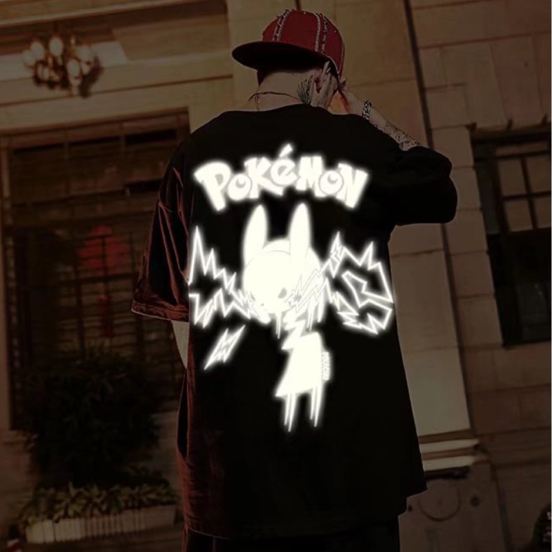 Áo Thun Tay Ngắn Cổ Tròn In Hình Pikachu Phản Quang Nhiều Màu Thời Trang Phong Cách Mỹ Cho Nam Size M-5XL