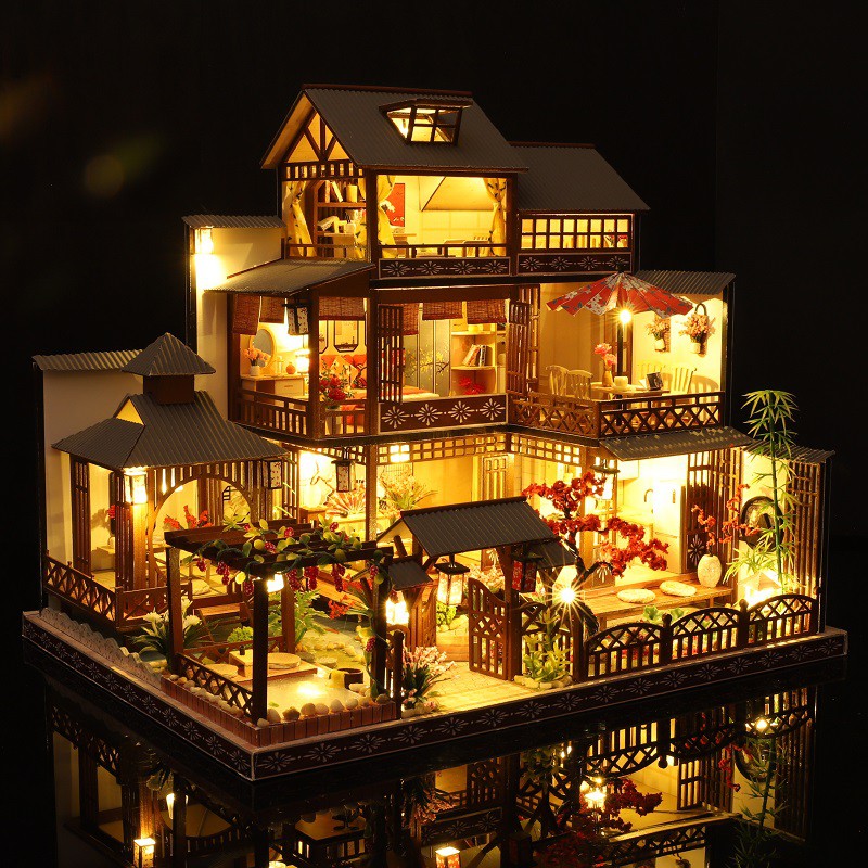 Mô hình nhà DIY Doll House Japanese Three - Layer Villa Kèm Mica Chống bụi, Bộ dụng cụ, Keo dán và Bộ phát nhạc