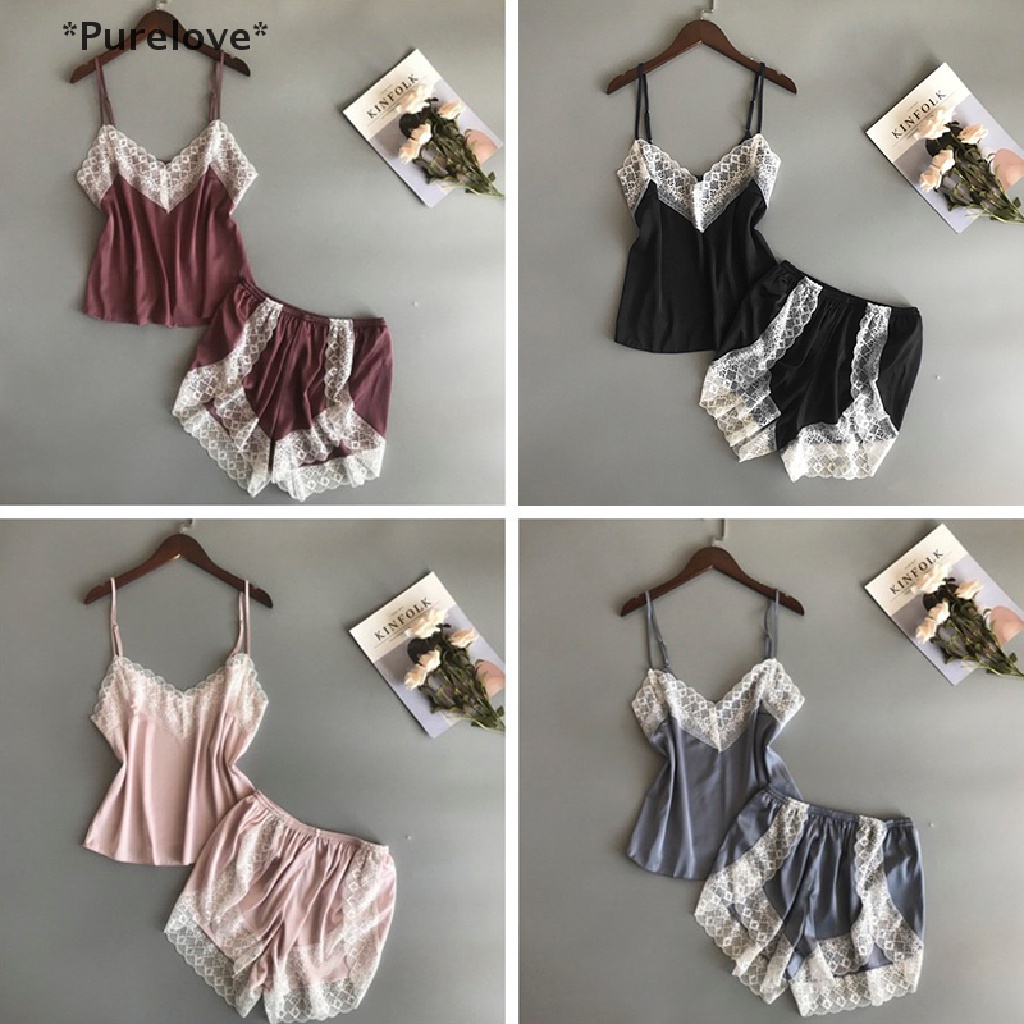 Bộ Đồ Ngủ Lụa 2 Mảnh Không Tay Phối Ren Gợi Cảm Cho Nữ