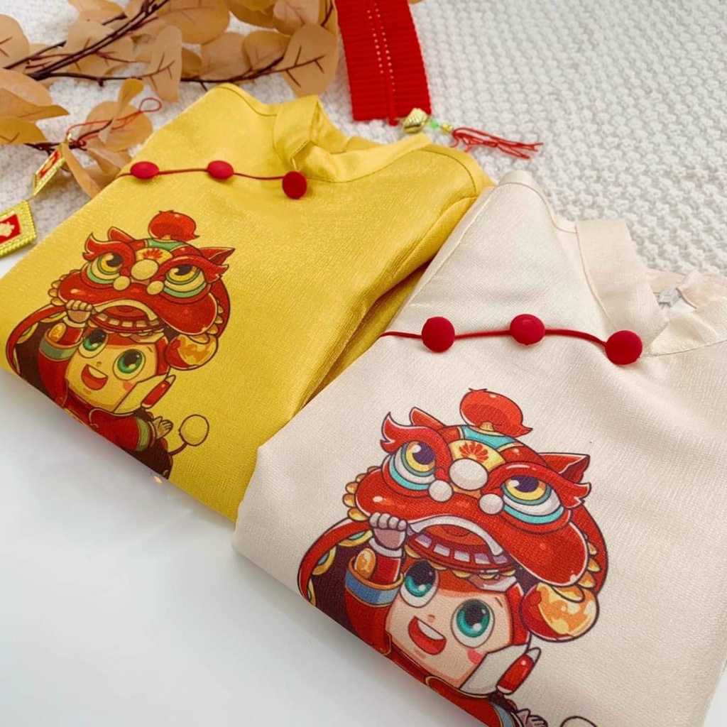 Áo dài cách tân bé trai thêu hình Lân sư chất liệu tafta cao cấp - L04