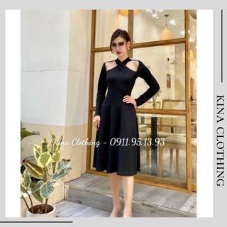 Đầm nữ dáng xòe dài len tăm cổ chéo đen nữ tính D09