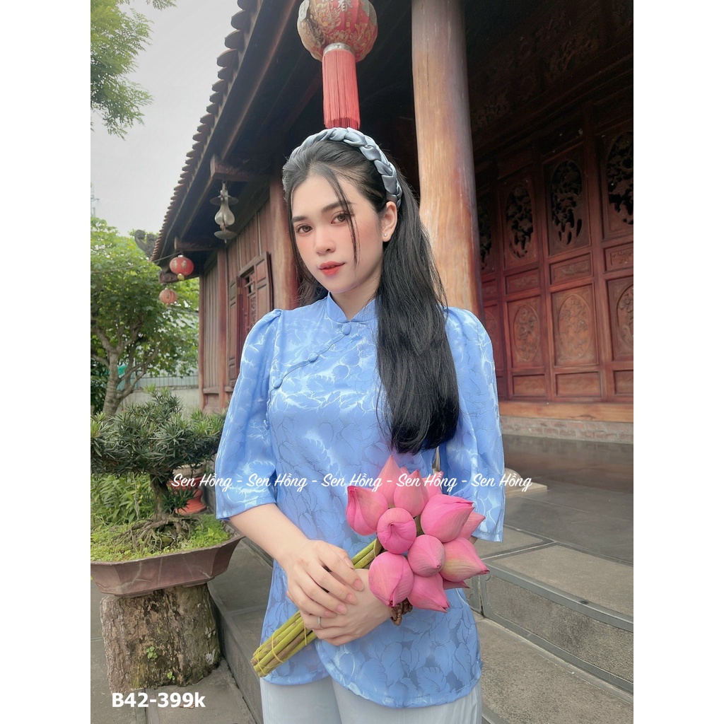 Bộ lụa gấm Phật tử thiết kế vải mềm mịn # đồ lam đi chùa nữ Mẫu cổ tàu vạt chéo xinh xắn # Set đi lễ KÈM QUẦN B42