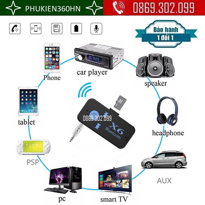 Bộ thu âm thanh Bluetooth BT-X6 kiêm phát nhạc Cho Xe Hơi- Loa- Amply- Hỗ Trợ Chơi Nhạc Trên Thẻ Nhớ- Có Mic Thoại