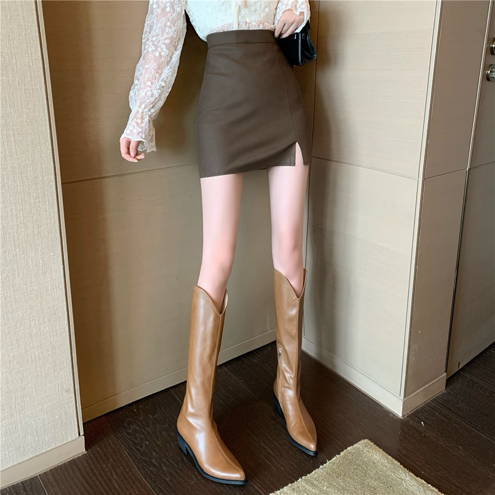 Chân váy da lưng cao màu trơn xẻ tà phong cách quyến rũ | BigBuy360 - bigbuy360.vn