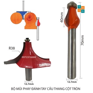 Bộ mũi soi gỗ - mũi phay gỗ đánh tay cầu thang cột tròn, lõm r38 - đào bi dài 40mm cốt 12.7mm