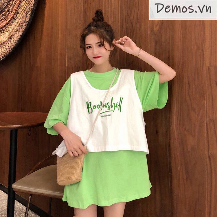 Bộ Áo Thun Ngắn Tay + Áo Khoác Cardigan Không Tay Xinh Xắn Dành Cho Nữ