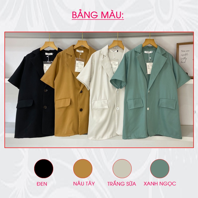 Áo Vest Nữ Blazer Công Sở Hàn Quốc 1 Lớp Tay Ngắn Form Rộng Túi Nắp Cá Tính Màu Trắng Đen Xanh Nâu