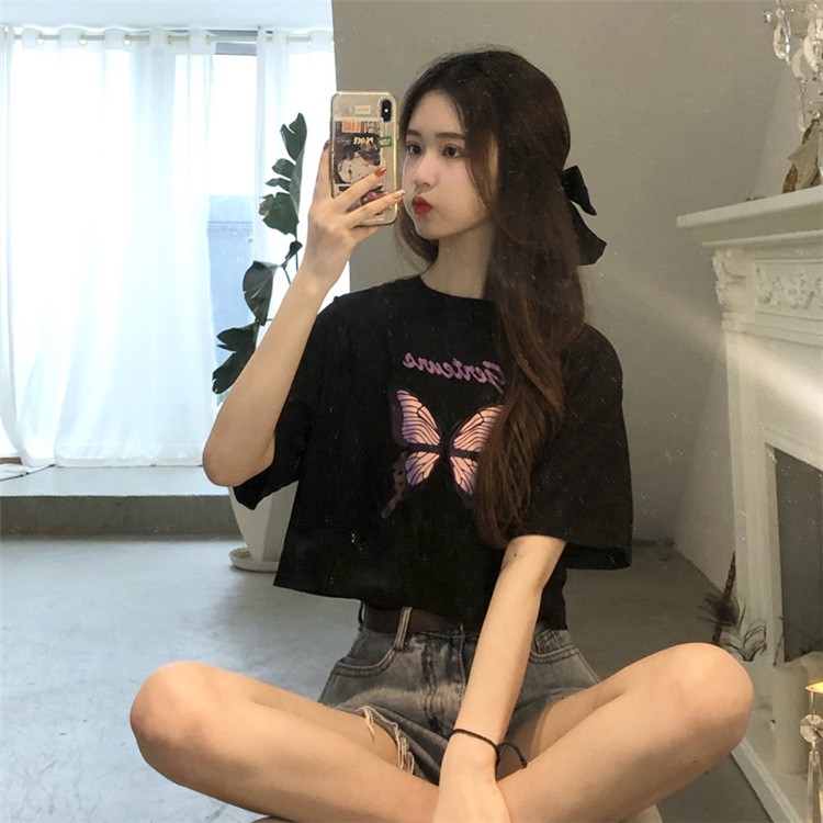 Áo thun croptop nữ form rộng tay ngắn ulzzang in hình Bướm trẻ trung phong cách Hàn Quốc C15 - MaoMao