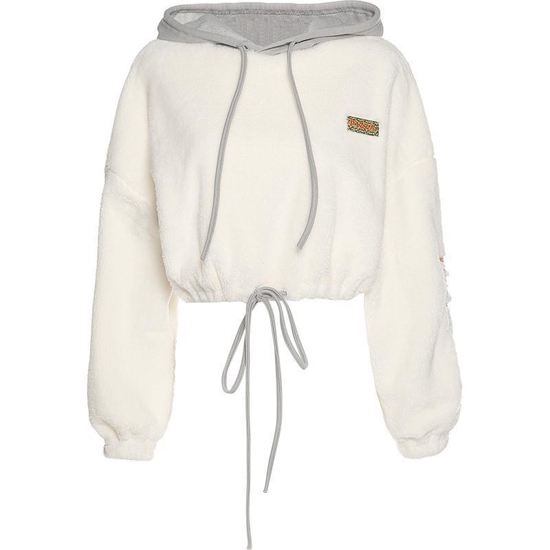 Áo hoddies lông croptop thêu chữ ở tay hàng taobao