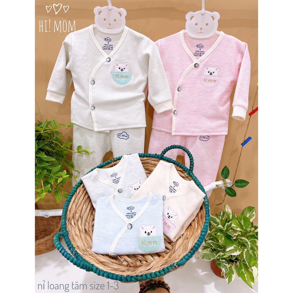 Bộ sơ sinh cài lệch nỉ loang tăm cho bé Hi Mom