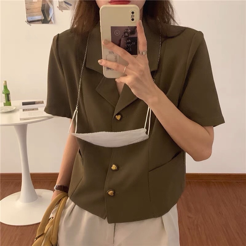 (Sẵn) Áo vest nữ blazer tay ngắn màu tối giản Hàn Quốc | BigBuy360 - bigbuy360.vn