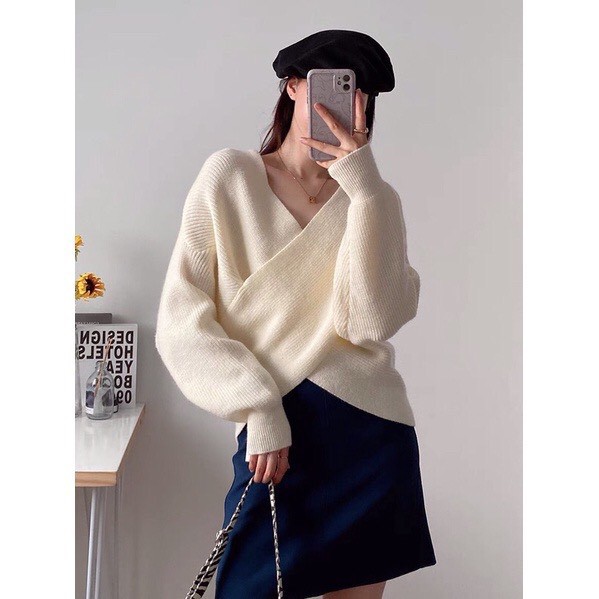 Áo len vạt chéo ngực sexy - tay dài ấm áp