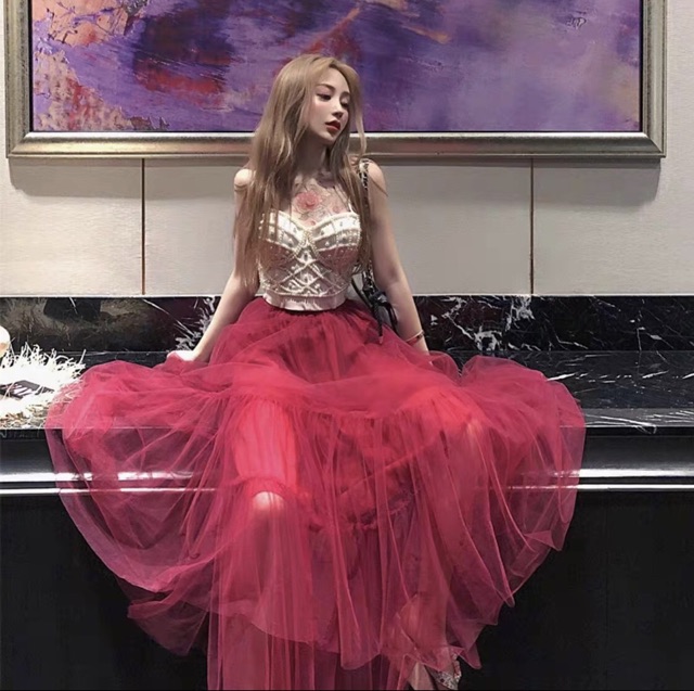 Sĩ- chân váy lưới đuôi cá dài