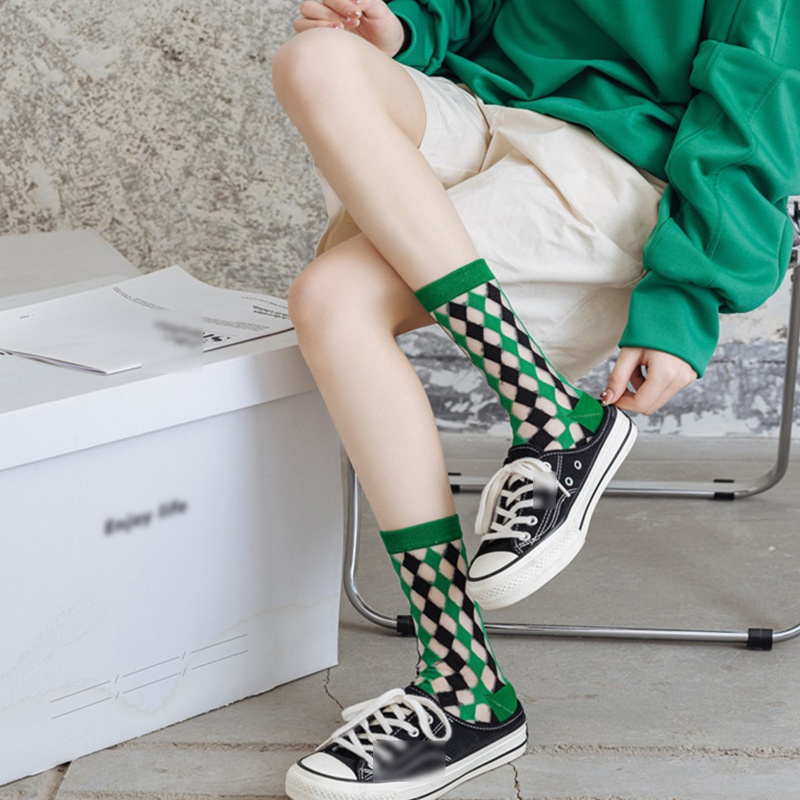 Xiangbao Vớ Lưỡi Trai Sợi Pha Lê Ghép Nối Màu Khối Kim Cương Sọc Caro