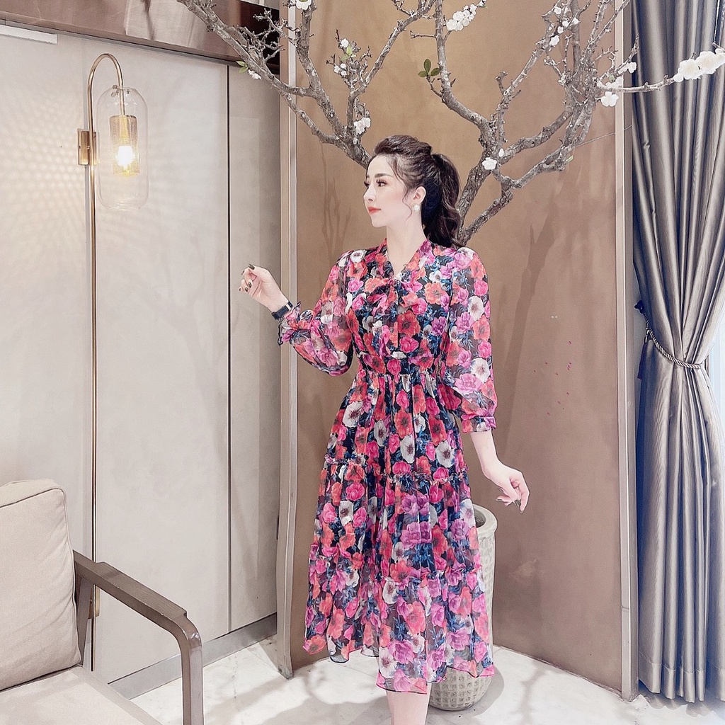 Đầm hoa nơ chất liệu tơ 🔸 HÀNG CAO CẤP 🔸 váy xòe hoa tiết hoa siêu xinh thích hợp đi dạo phố, dự tiệc | BigBuy360 - bigbuy360.vn