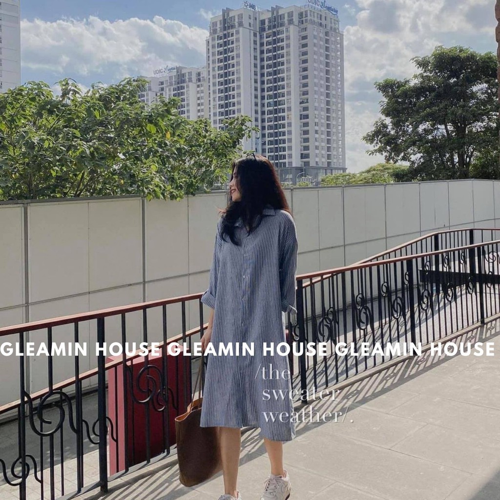 Váy Sơ Mi Kẻ Sọc Xanh Dài Tay Nữ - Đầm midi form rộng cài khuy, thiết kế bánh bèo thiểu thư, kiểu dáng basic Ulzzang | BigBuy360 - bigbuy360.vn