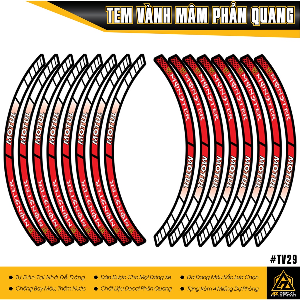 Tem Dán Vành Xe Mẫu Monster Motul | TV29 | Tem Dán Mâm Xe Máy Phản Quang & Không Phản Quang Chất Liệu Chống Nước