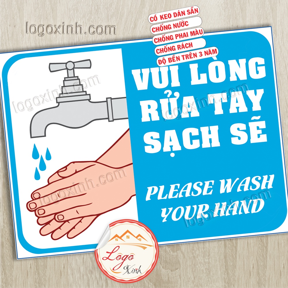 LOGO TEM STICKER YÊU CẦU RỬA TAY SẠCH SẼ, GIỮ VỆ SINH TAY ĐỂ PHÒNG CHỐNG LÂY LAN DỊCH COVID 19, PLEASE WASH YOUR HAND