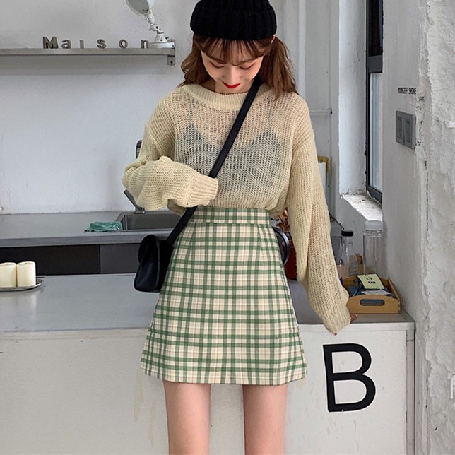 Chân Váy Chữ A Lưng Cao Họa Tiết Sọc Caro Phong Cách Retro | BigBuy360 - bigbuy360.vn