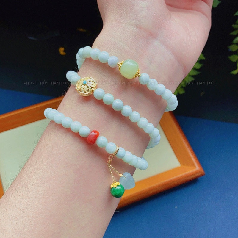 Chuỗi Vòng JADElT 6mm Cuốn 3 Vòng Tay, Charm Hổ Phách, Hòa Điền, Lông Công Malachite - Phong Thủy Thành Đô