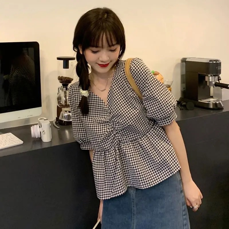 Áo kiểu caro cho nữ tay phồng phong cách Hàn Quốc đáng yêu