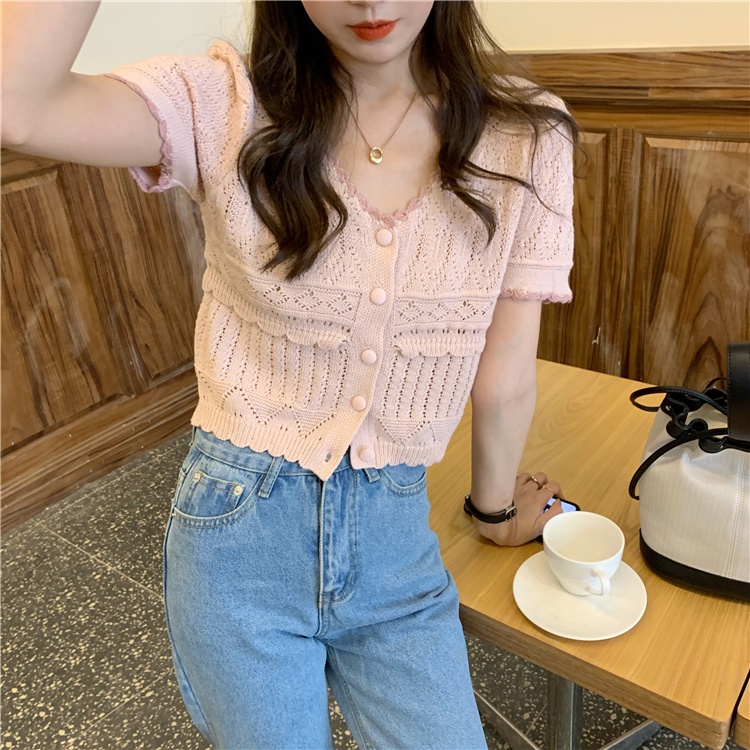 Áo dệt kim SUXI ngắn tay màu trơn phong cách vintage đơn giản thời trang mùa hè