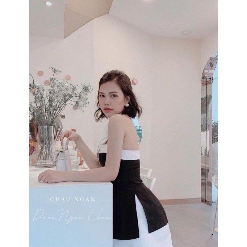 Set áo xẻ tà nơ + váy có quần