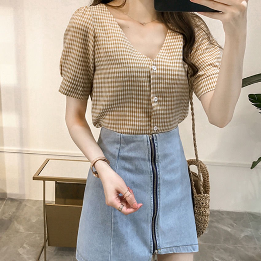 NEW HIPSTER JUMPER Áo Sơ Mi Ca Rô Ngắn Tay Cổ Tim Phong Cách Cổ Điển Dành Cho Nữ