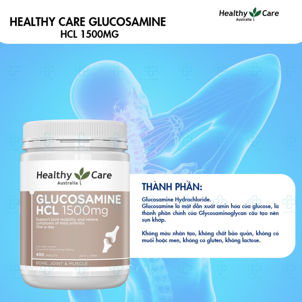 Glucosamine HCL 1500mg Healthy Care - Bổ Xương Khớp, Dịch Khớp, Khô Khớp, Cứng Khớp (Lọ 400 Viên) [Chính Hãng]