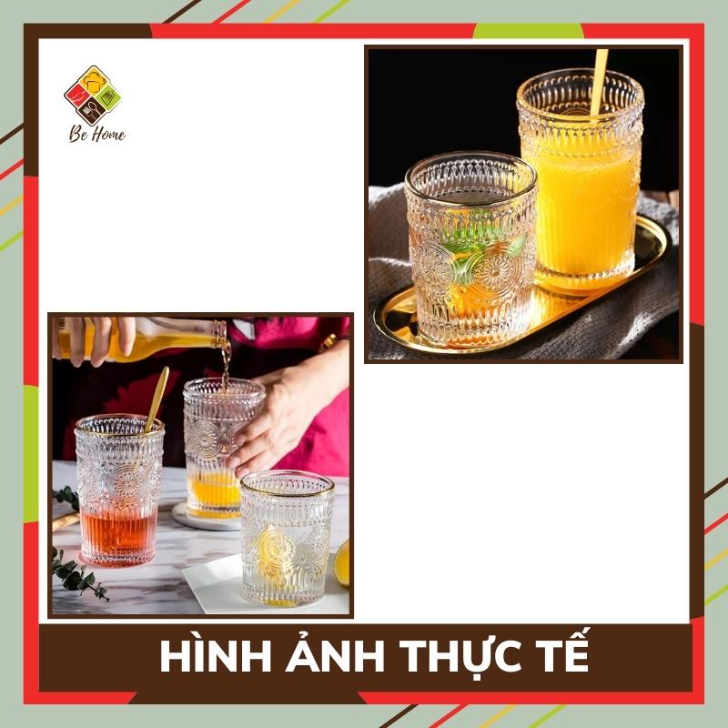 Cốc thủy tinh viền vàng vân họa tiết mặt trời BEHOMEMALL ly thủy tinh cao cấp