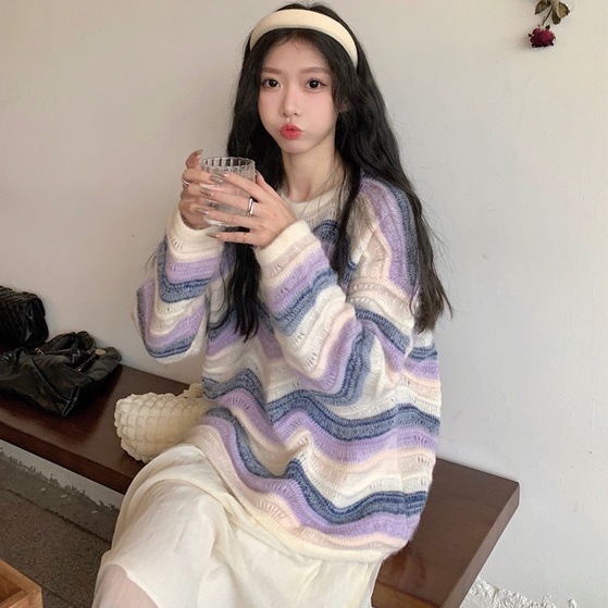 Áo len ZHELIHANGFEI tay dài dáng rộng họa tiết kẻ sọc màu cầu vồng dễ phối đồ