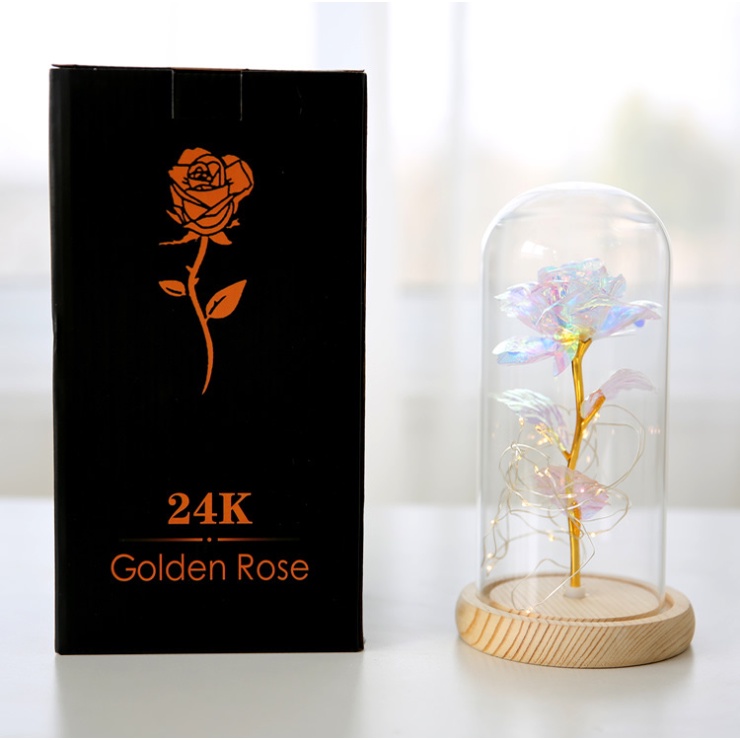 Bông hoa hồng tình yêu vĩnh cửu 24K đặt trong trụ thủy tinh đế đèn LED làm quà tặng dịp Valentine, kỉ niệm