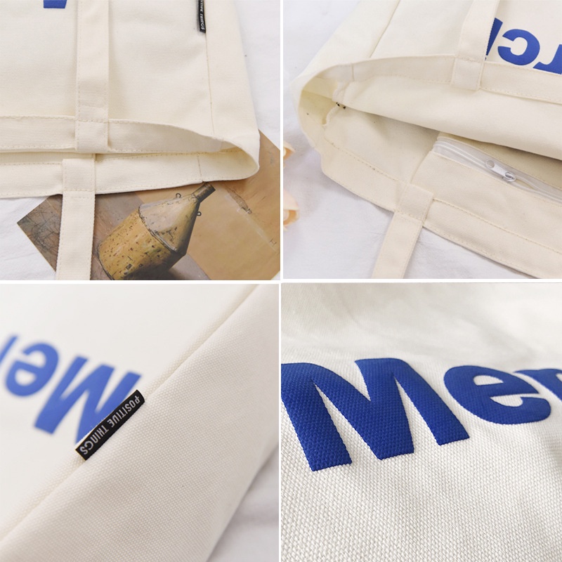 Túi Tote Vải Canvas Nữ Merci phong cách Ulzzang Có Khóa Kéo chất liệu dày dặn