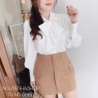 Sét áo sơ mi cổ nơ tay bồng