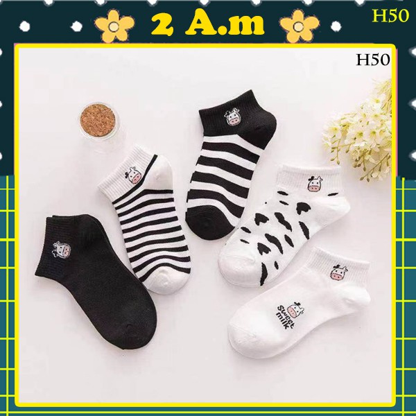 Tất Vớ Cổ Ngắn Nam Nữ Họa Tiết Bò Sữa Cotton Style Hàn Quốc