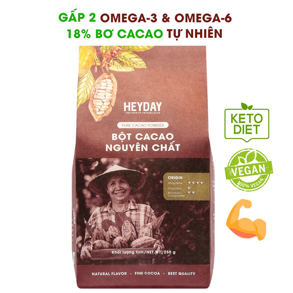 Bột cacao nguyên chất 100% Heyday - Dòng Origin thượng hạng - Túi giấy 100g, 250g - Chuẩn UTZ Quốc Tế