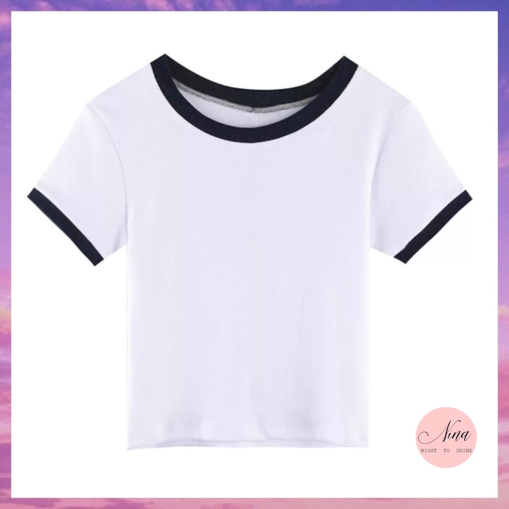 Áo croptop nữ cổ phối viền trắng đen chất thun co giãn ôm body NinaStore