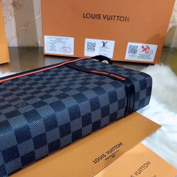 [Ảnh thật] VÍ clutch cầm tay doanh nhân LV SUPER VIP ‼️ fullbox , túi vải , card LOUIS VUITTON viền cam ô đen