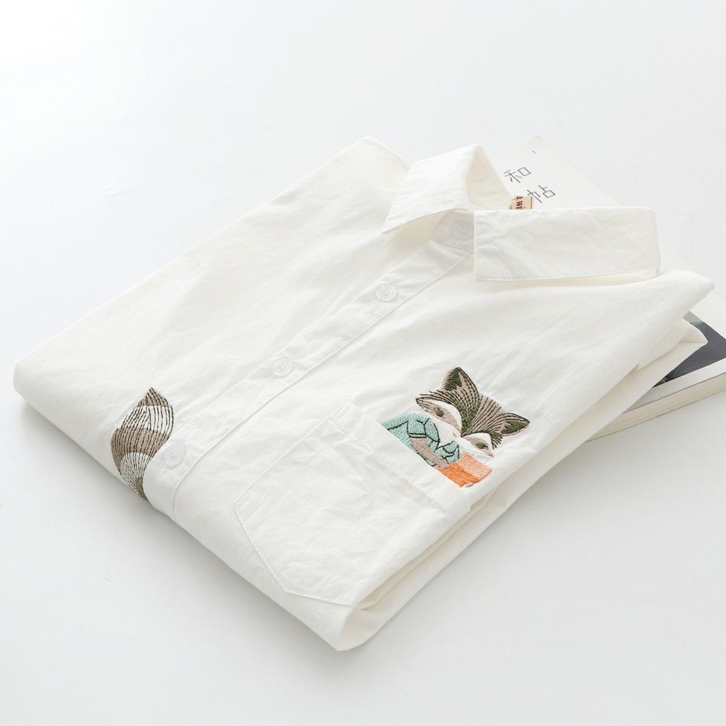 S~2xl✨Áo Sơ Mi Trắng Tay Dài Cổ POLO Thêu Họa Tiết Cáo Nhỏ Xinh Thời Trang Cho Nữ