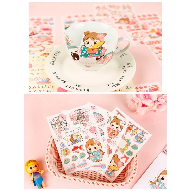 Set 04 tờ stickers ánh kim đáng yêu bé gái Nhật bản hoa sakura anh đào sẵn hàng siêu rẻ