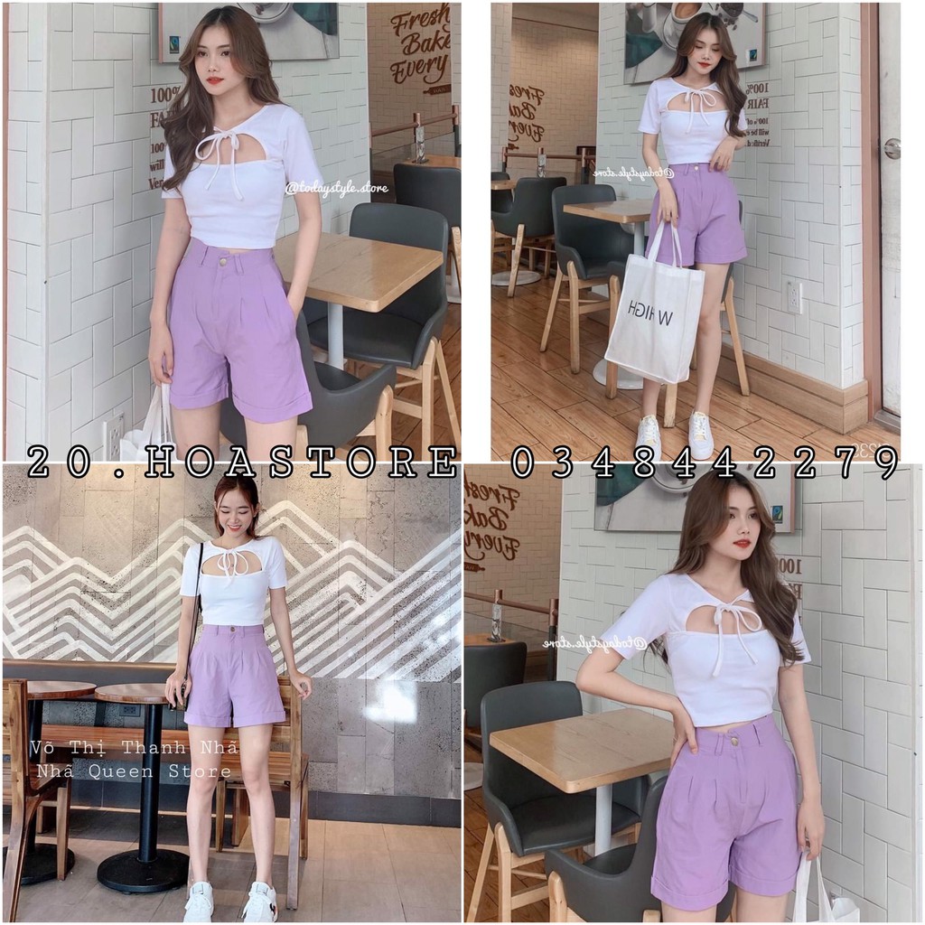 SET QUẦN SOOC ĐÙI KAKI TÍM MIX ÁO KIỂU BUỘC NƠ CỔ XẺ NGỰC BODY TRẮNG