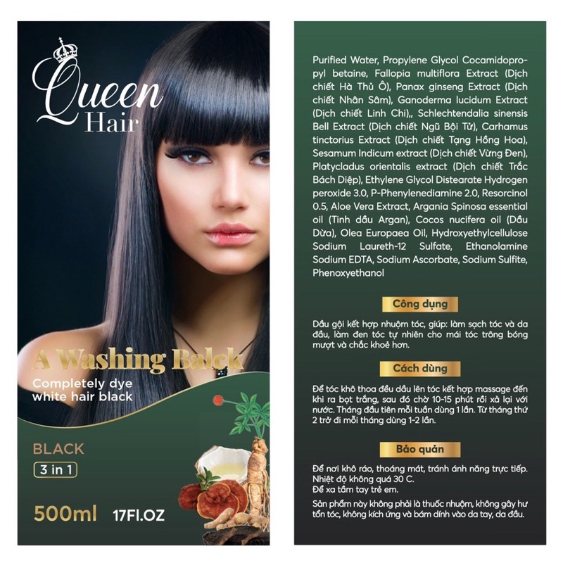 Dầu gội phủ bạc QUEEN HAIR 500ml 3 trong 1 nhuộm tóc đen, tóc nâu từ thảo dược tự nhiên, an toàn cho da đầu