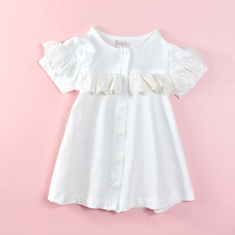 Quần áo trẻ em Bobicraft - Áo đầm trắng phối ren bé gái - Cotton hữu cơ organic an toàn