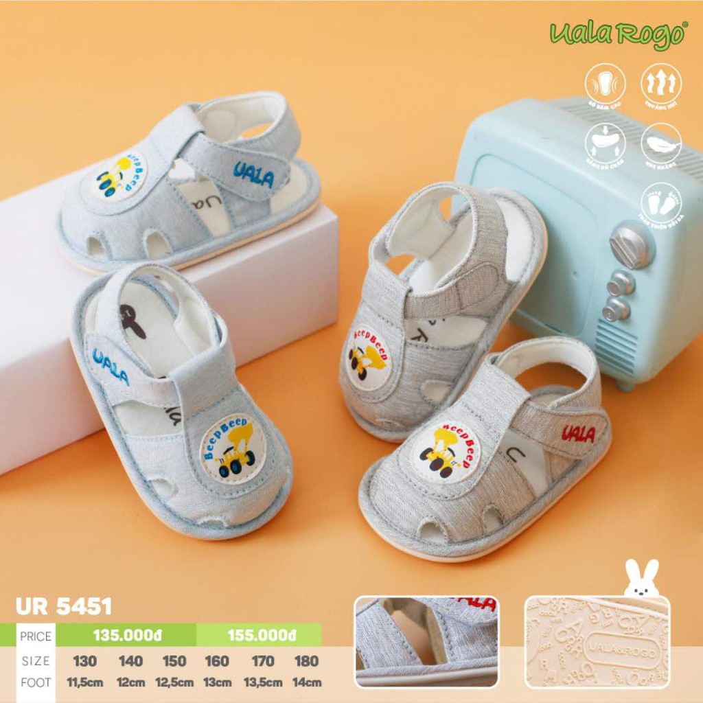 Uala & Rogo-Giày sandal tập đi cho bé, vải mềm, đế cao su non chống trượt (Beep beep)