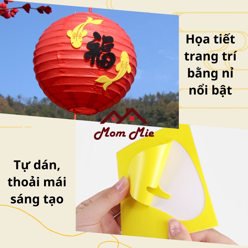 Lồng đèn giấy đỏ tròn, họa tiết nỉ DIY trang trí trung thu, lồng đèn trang trí Tết, lồng đèn đỏ treo tết - LD014