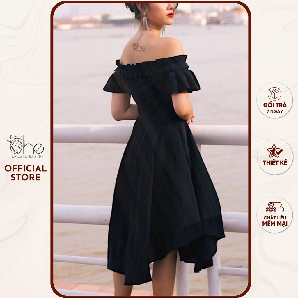 Đầm hở vai xếp li tay (Đen, Đỏ) SDX03 SDX04