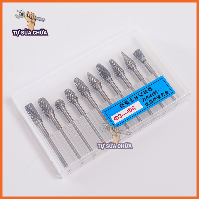 Bộ 10 mũi khắc mài hợp kim Vonfram (W) có độ cứng, sắc và độ bền cơ học cực cao chuyên dùng khắc khuôn, chữ, tạo hình...